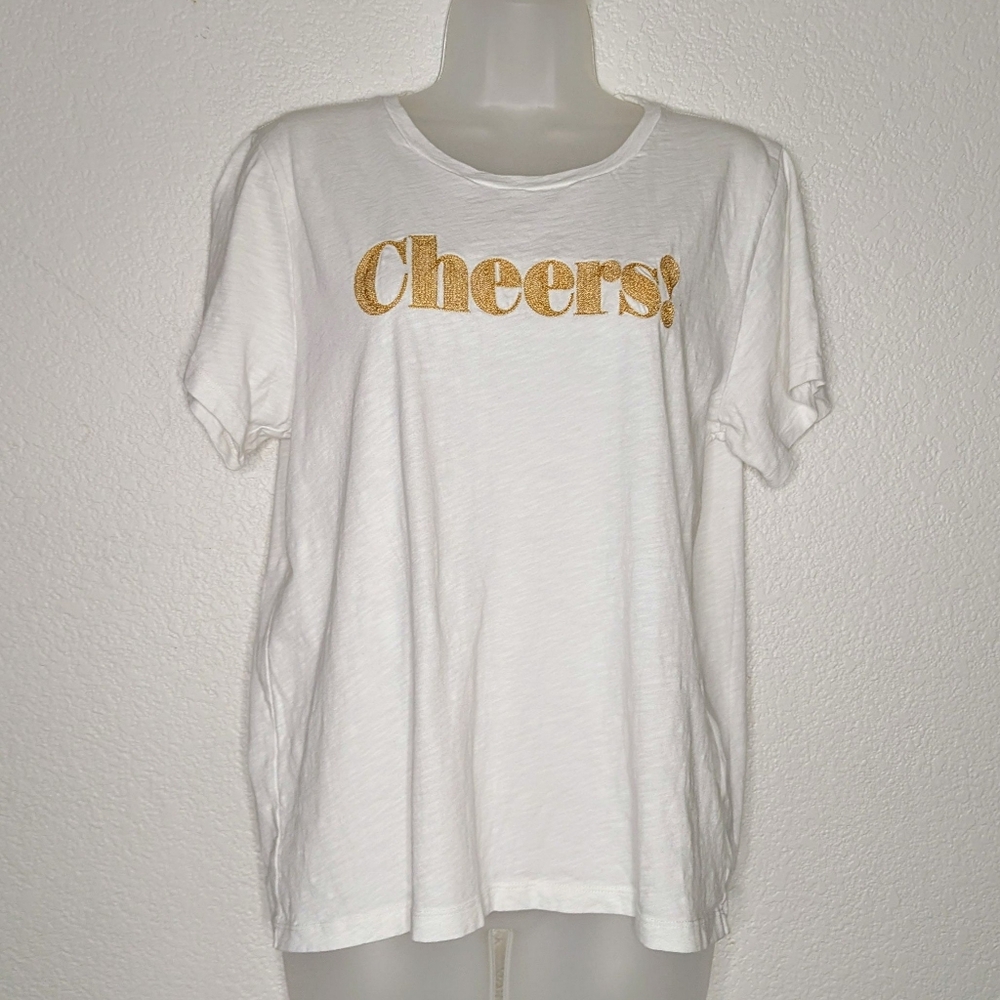 J. Crew Factory White Tee Gold‎ Embroidered 'Cheers!' Print Women's XL